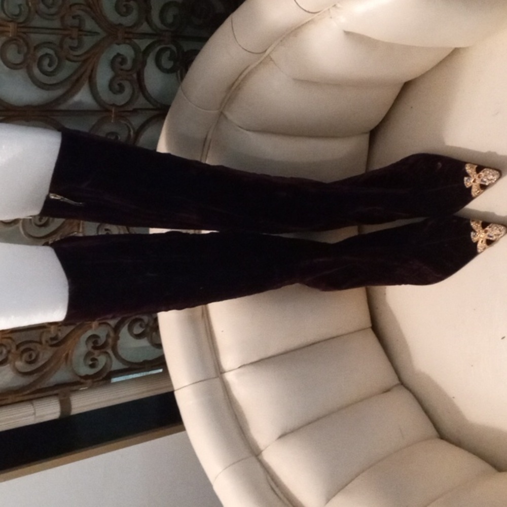 Women's knee high EGGPLANT/PLUM velvet boots with jeweled accents